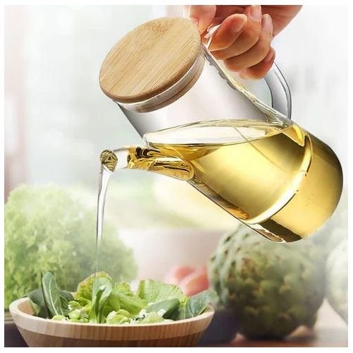 إبريق زجاجي شفاف مزود بغطاء خشبي ومقبض جانبي