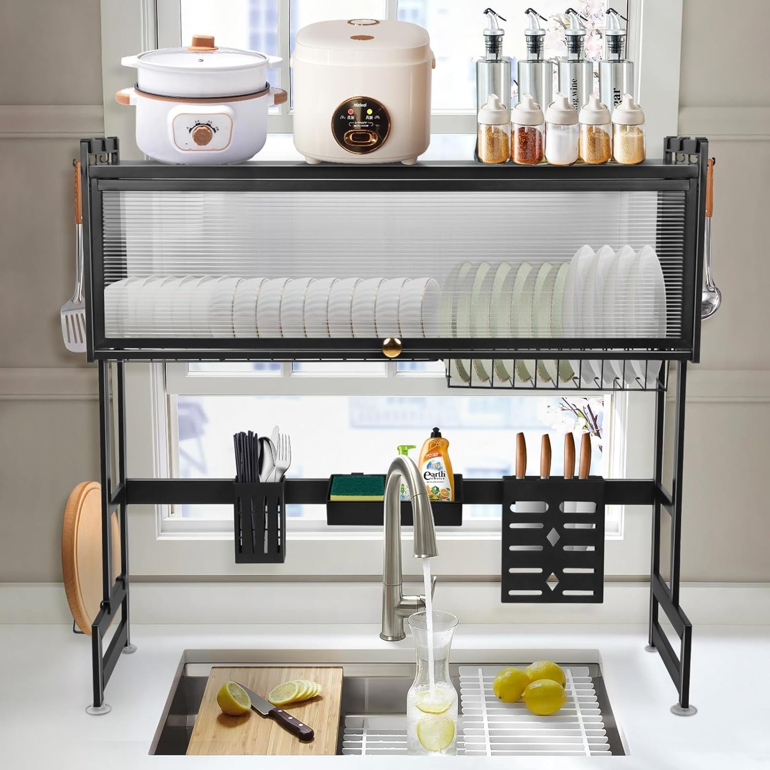 رف تجفيف الأطباق LANTUS ذو طبقتين فوق الحوض مقاوم للصدأ مع حامل أدوات وحامل لوح تقطيع لتخزين وتنظيم المطبخ (110* 30 * 78 سم - أسود)