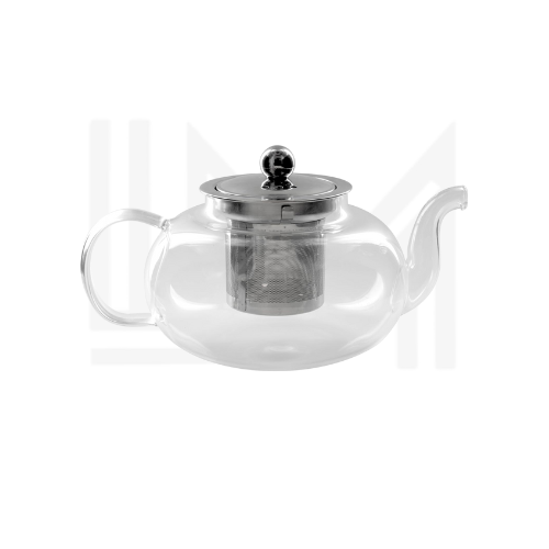 إبريق شاي زجاجي شفاف مع مصفاة من الفولاذ المقاوم للصدأ وغطاء معدني.